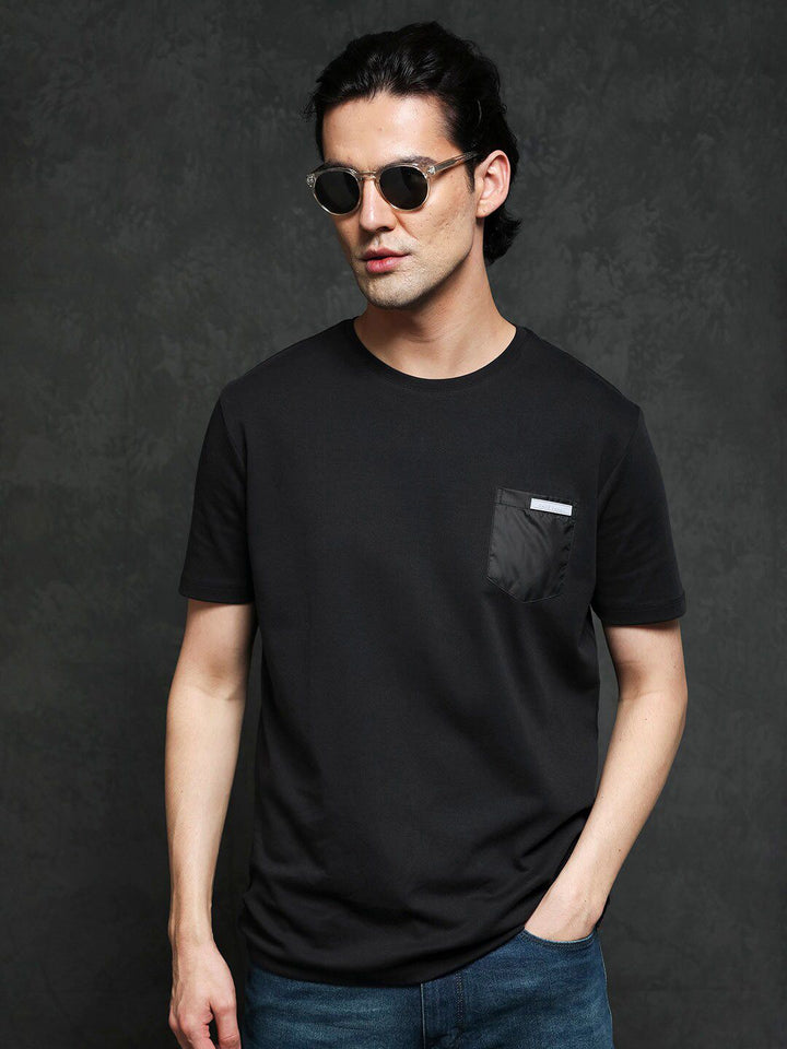 RARE RABBIT Men Azul Cotton Slim Fit T-Shirt
