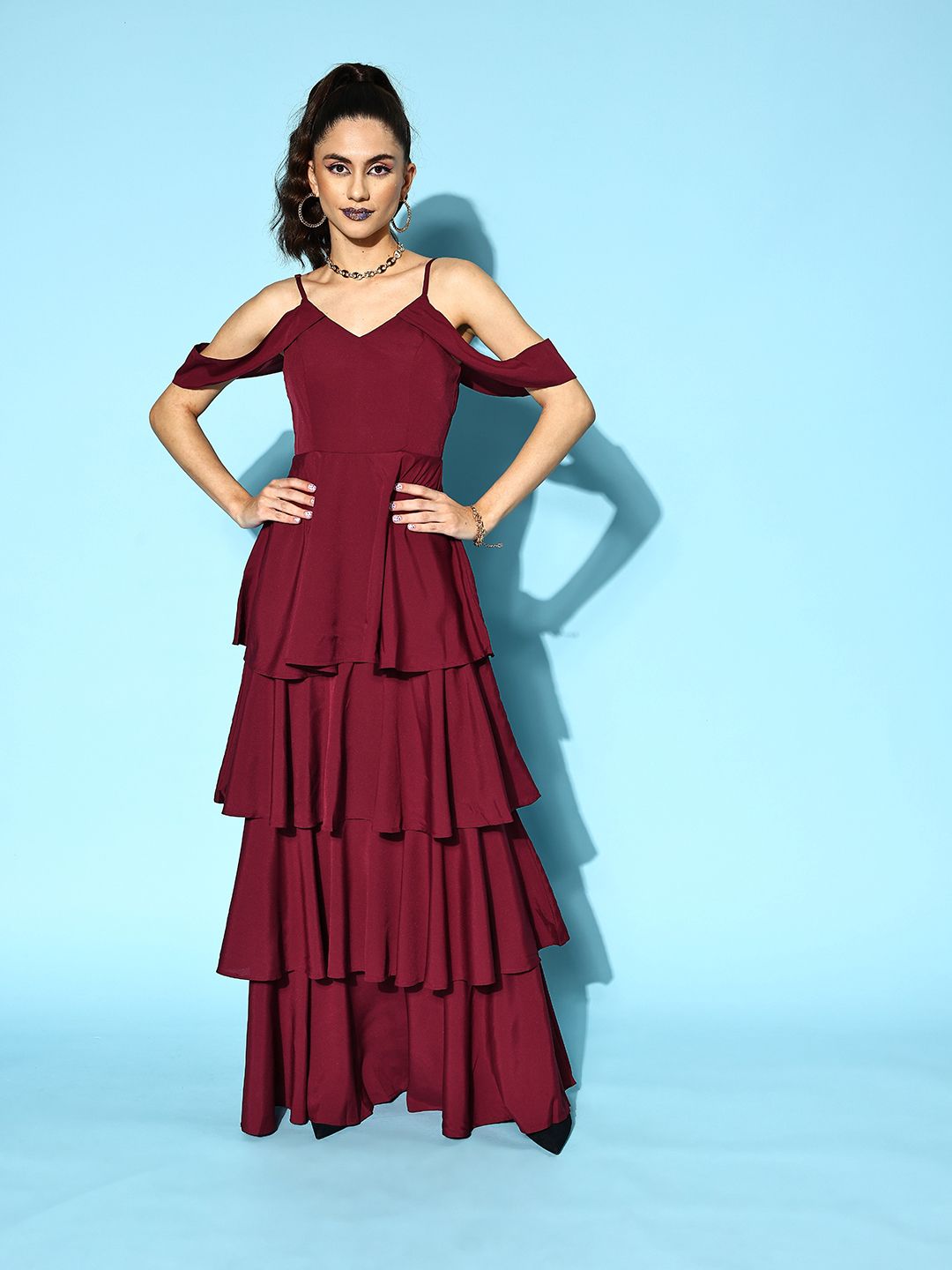 Berrylush Women Maroon Solid Feminine Frills Dress