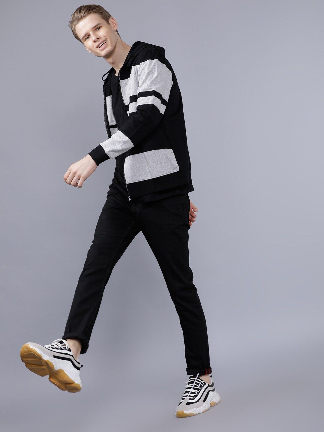 The Indian Garage Co Men Black & Grey Colourblocked Hooded Sweatshirt