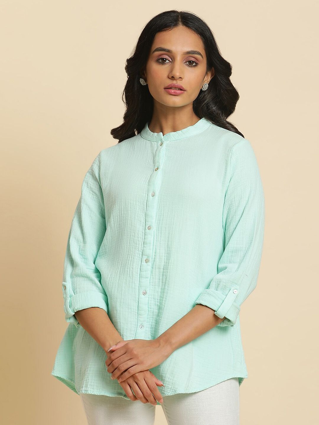 W Mandarin Collar Roll Up Sleeves Cotton Shirt Style Top