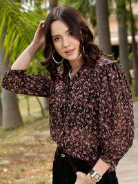 STREET 9 Brown Comfort Floral Printed Ruffle Casual Shirt