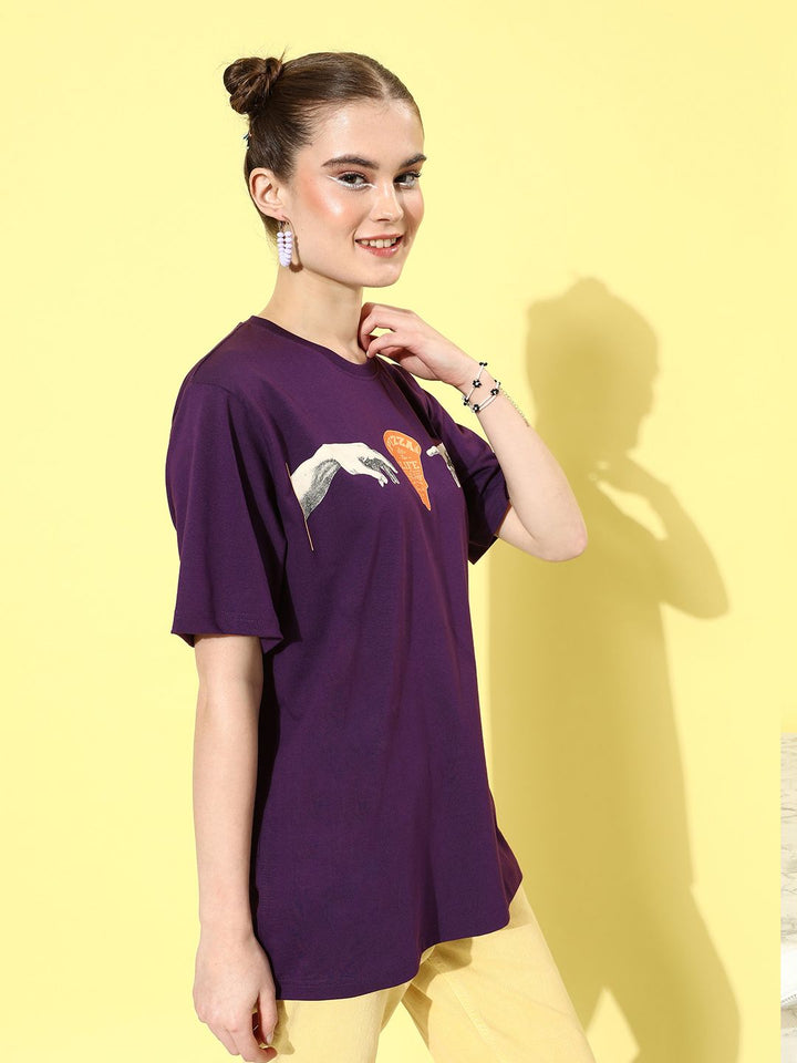 DILLINGER Purple & Yellow Printed Oversized Pure Cotton Longline T-shirt