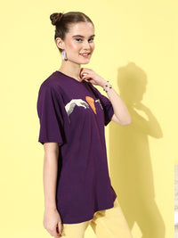 DILLINGER Purple & Yellow Printed Oversized Pure Cotton Longline T-shirt