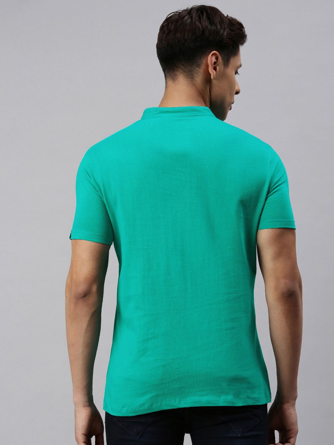 Urbano Fashion Men Teal Green Slim Fit Solid Mandarin Collar Pure Cotton T-shirt