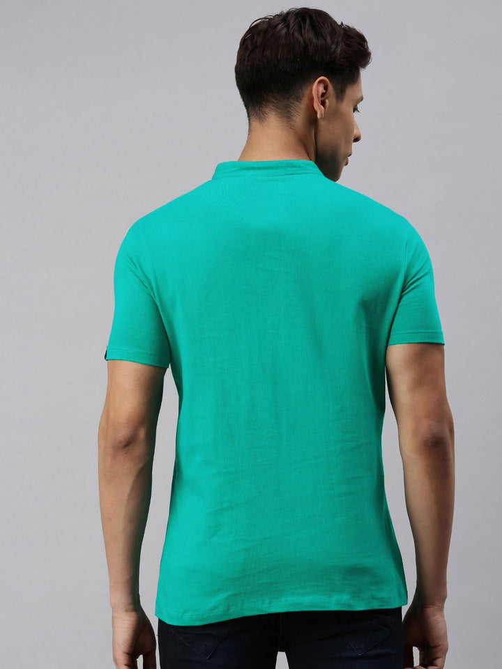 Urbano Fashion Men Teal Green Slim Fit Solid Mandarin Collar Pure Cotton T-shirt