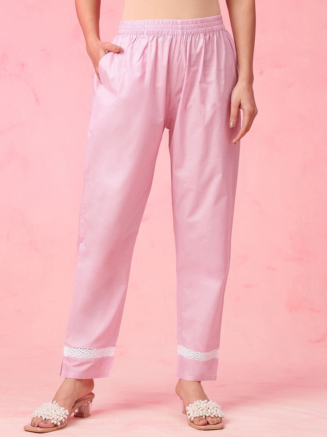 Anouk Pink Paisley Embroidered V-Neck Pure Cotton Straight Kurta with Trousers & Dupatta