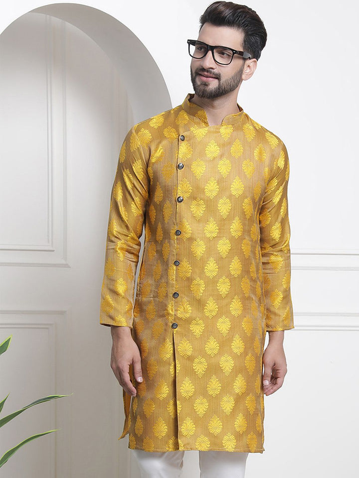 SOJANYA Men Gold-Toned & Mustard Woven Design Jacquard Silk Straight Kurta