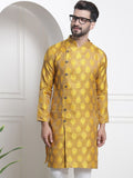 SOJANYA Men Gold-Toned & Mustard Woven Design Jacquard Silk Straight Kurta