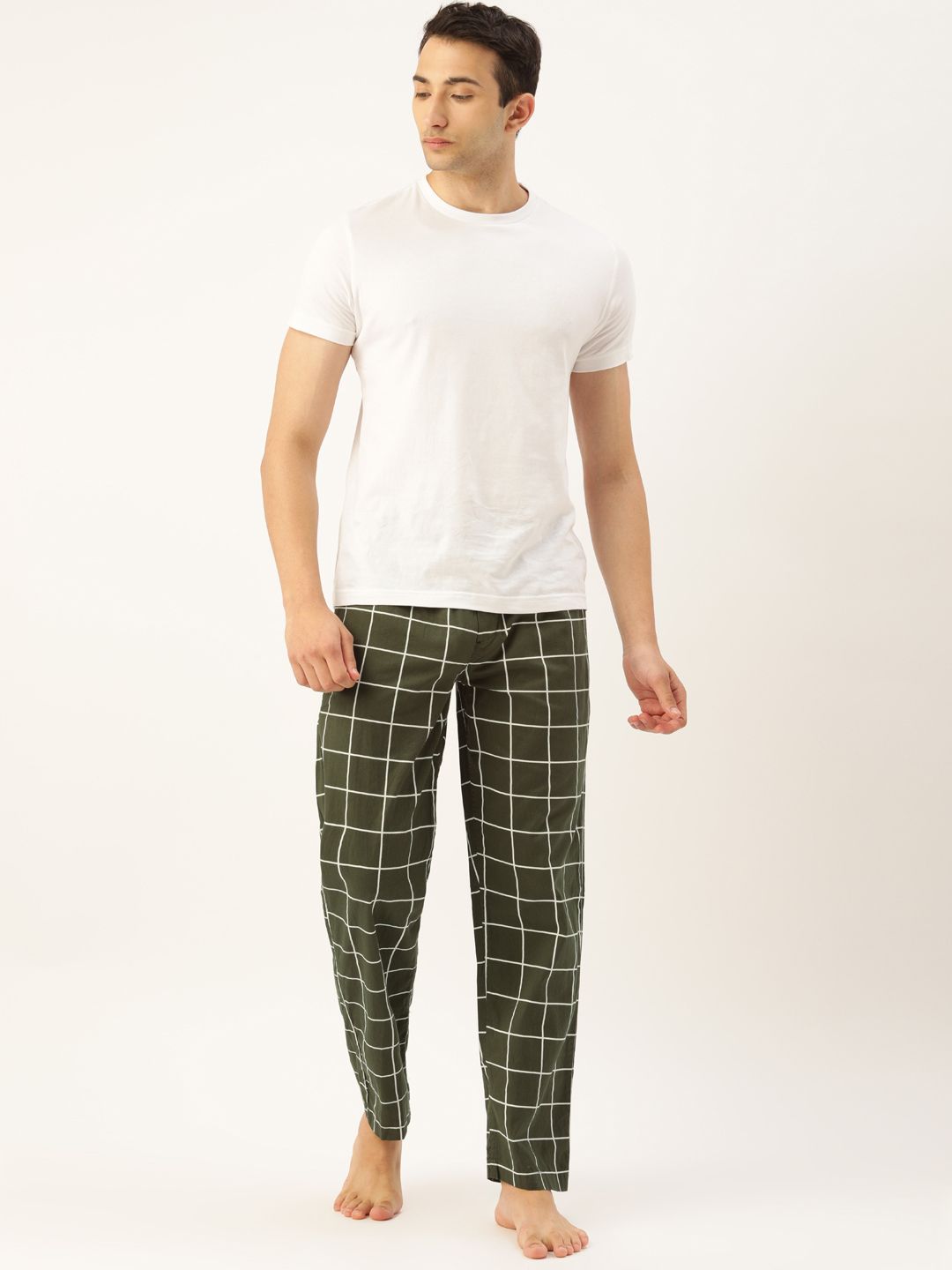 The Indian Garage Co Men Olive Green & White Checked Lounge Pants