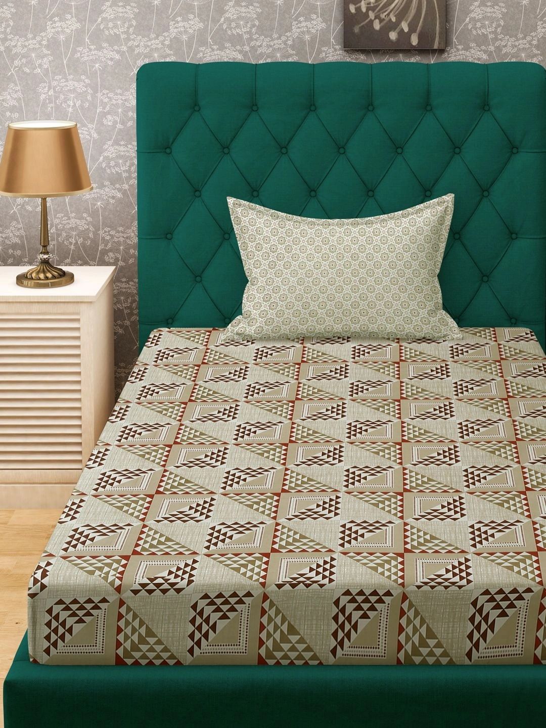 Myntra Elegant Homes Beige Geometric 400 TC Single Bedsheet with 1 Pillow Covers