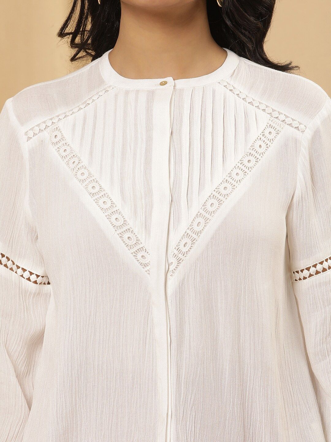 W Band Collar Cuffed Sleeves Shirt Style Top