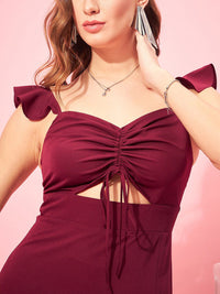 Berrylush Maroon Flutter Sleeves Cut Out Ruched Maxi Dress