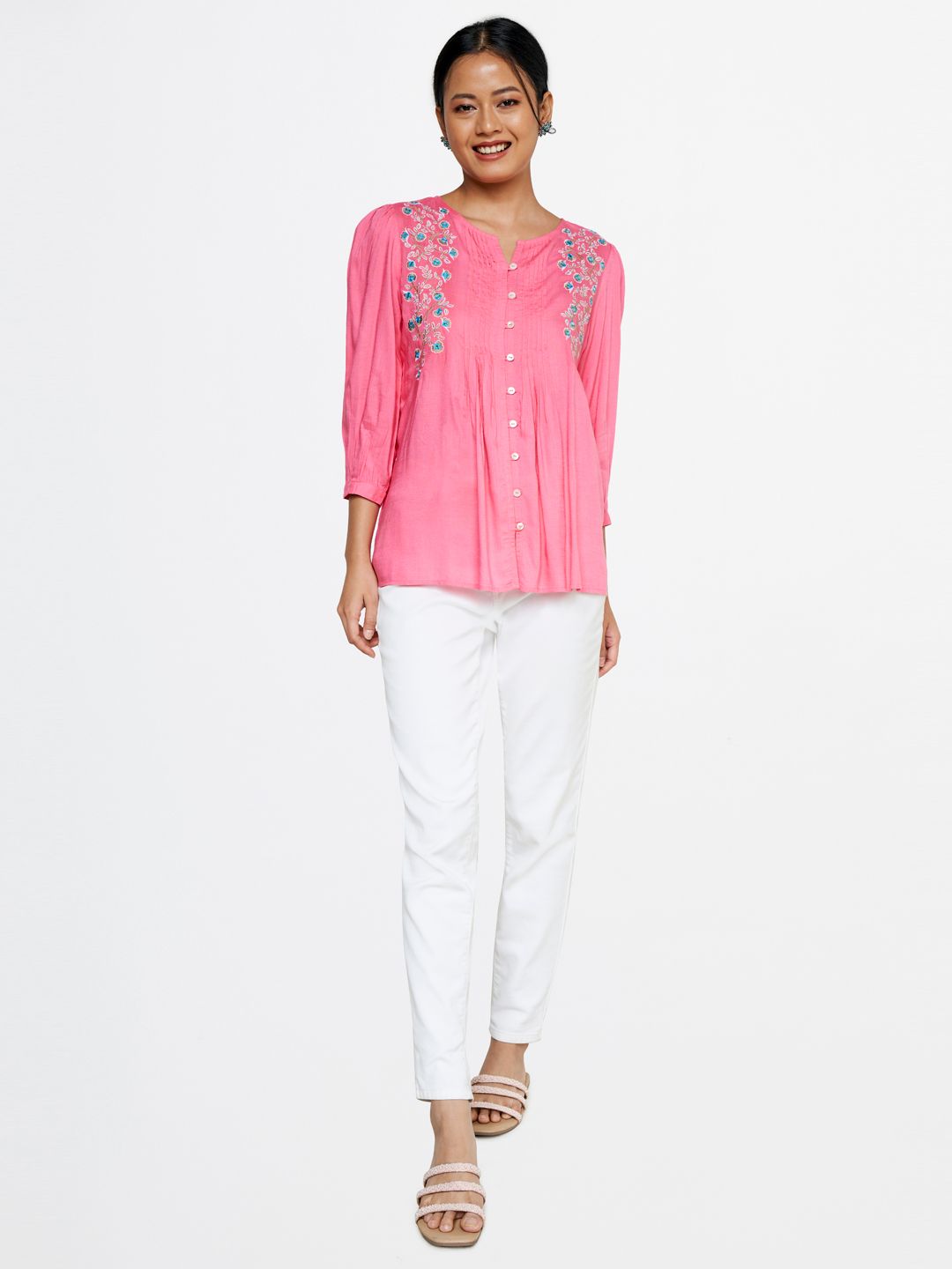 Global Desi Floral Embroidered Round Neck Top