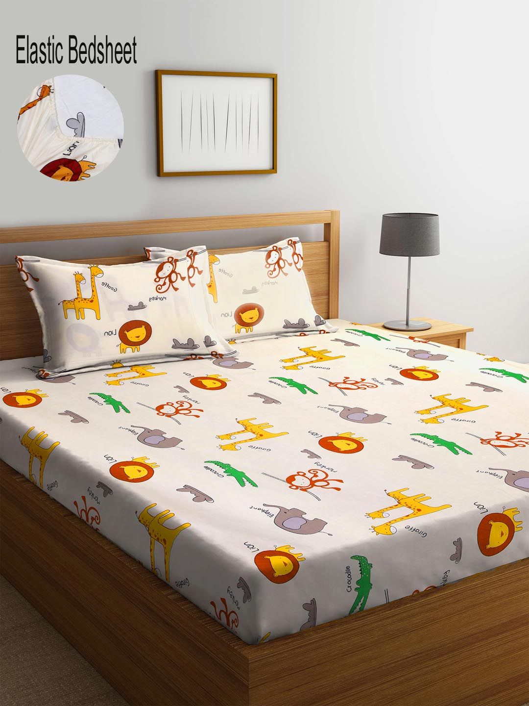 KLOTTHE Off White Cartoon Characters 300 TC Fitted Double Bedsheet with 2 Pillow Covers
