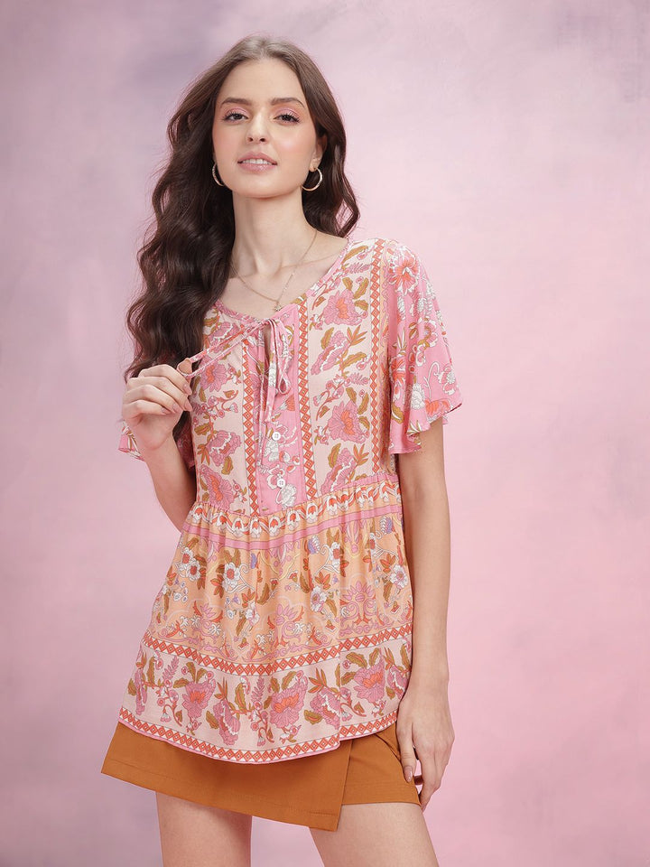 DressBerry Print Tie-Up Neck Ethnic Print A-Line Top