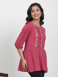 W Floral Embroidered Puffed Sleeves Pure Cotton Longline A-Line Top