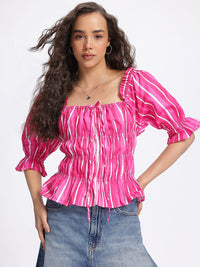 DressBerry Candy Stripes Puff Sleeve Cotton Peplum Top