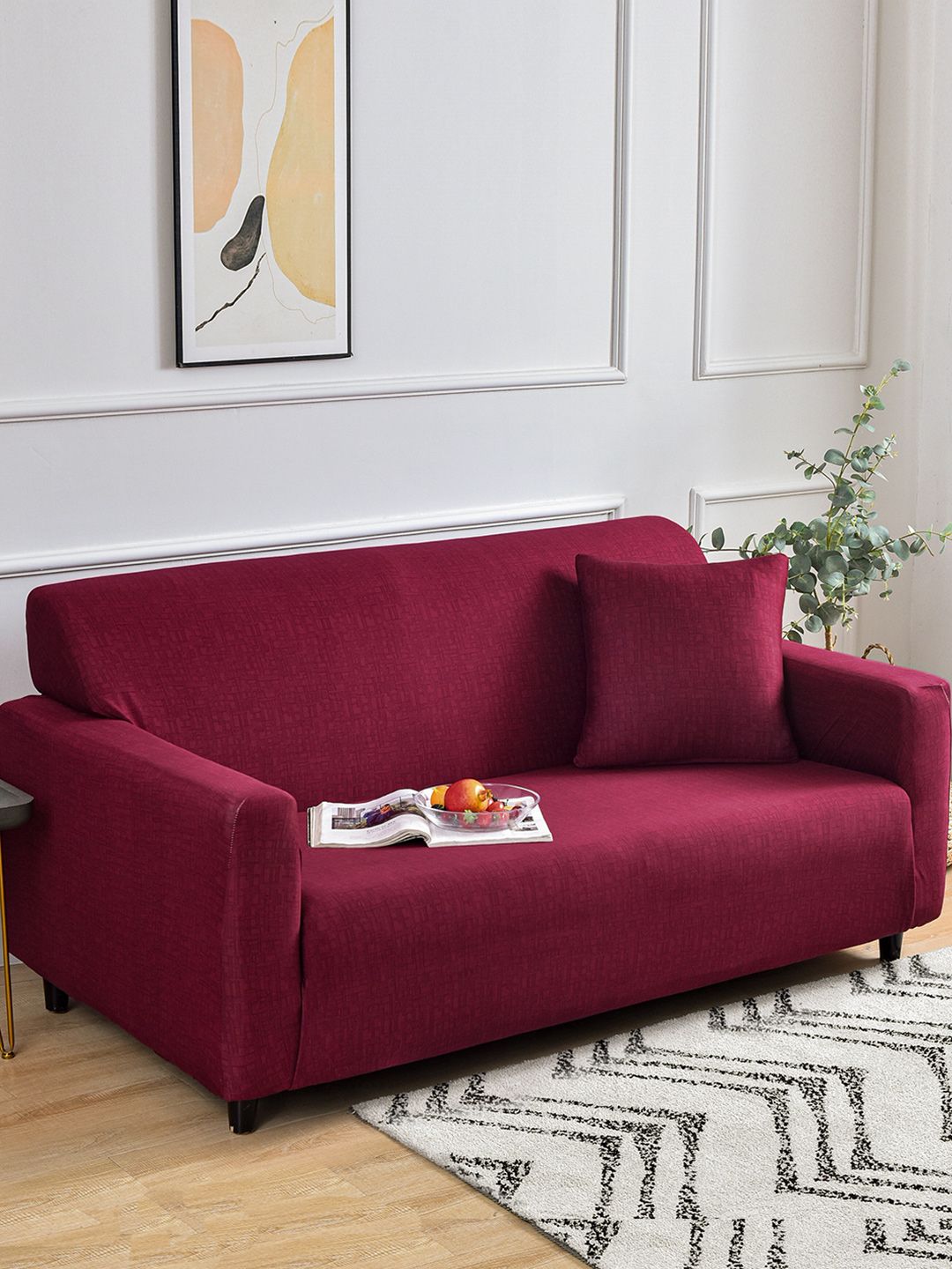 Story@home Maroon Printed 3 Seater Stretchable Sofa Cover With Arms