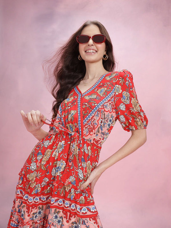 DressBerry Floral Print Puff Sleeve Fit & Flare Dress