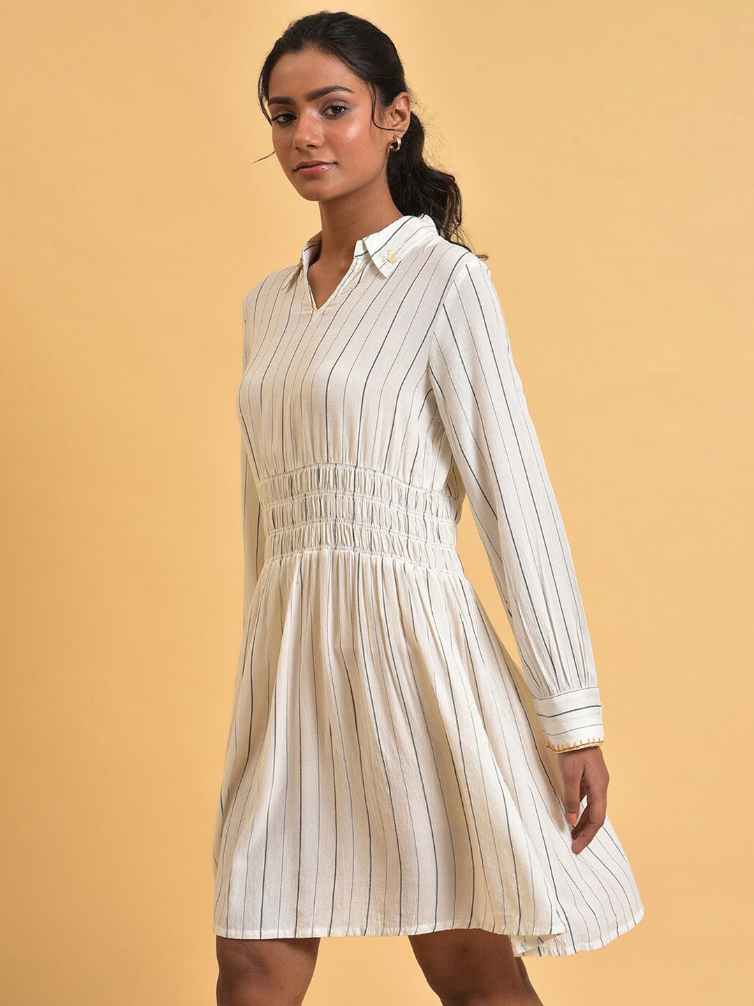 W Shirt Collar Striped Shirt Dress