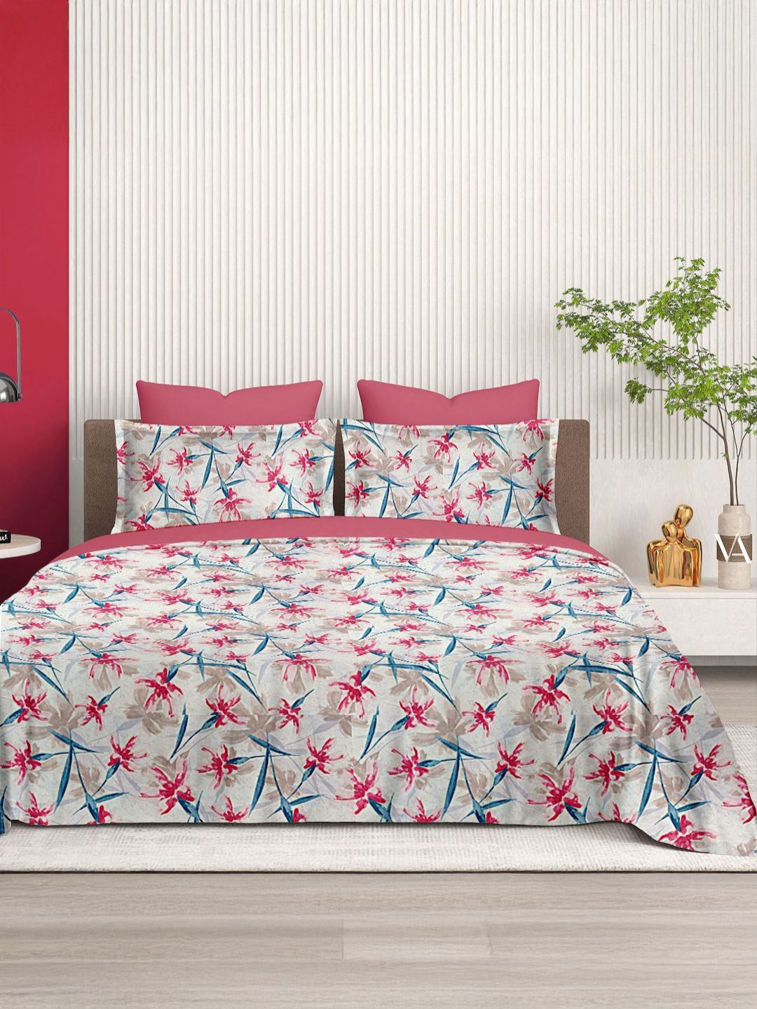 Cortina Glazed Cotton Pink Floral 140 TC King Bedsheet with 2 Pillow Covers