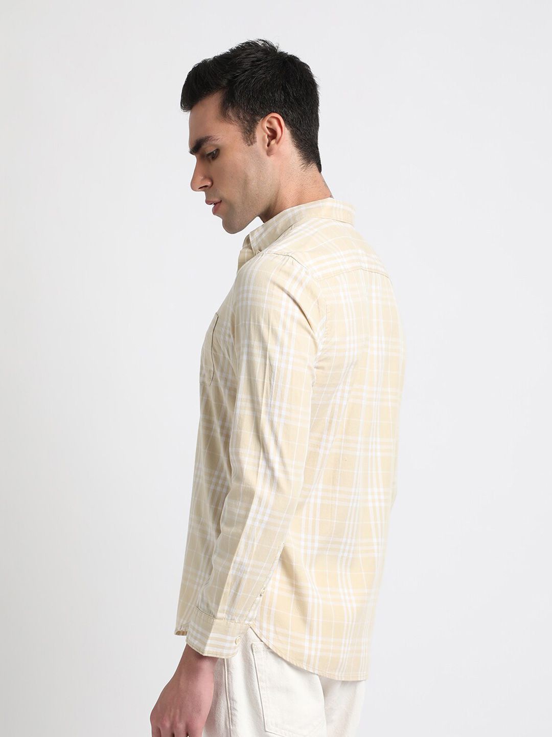 THE BEAR HOUSE Slim Fit Checked Button-Down Collar Twill Weave Pure Cotton Casual Shirt