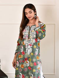 Rumah Wanita Chikankari Kurta Bersulam Mulmul Chikankari Hijau Tua