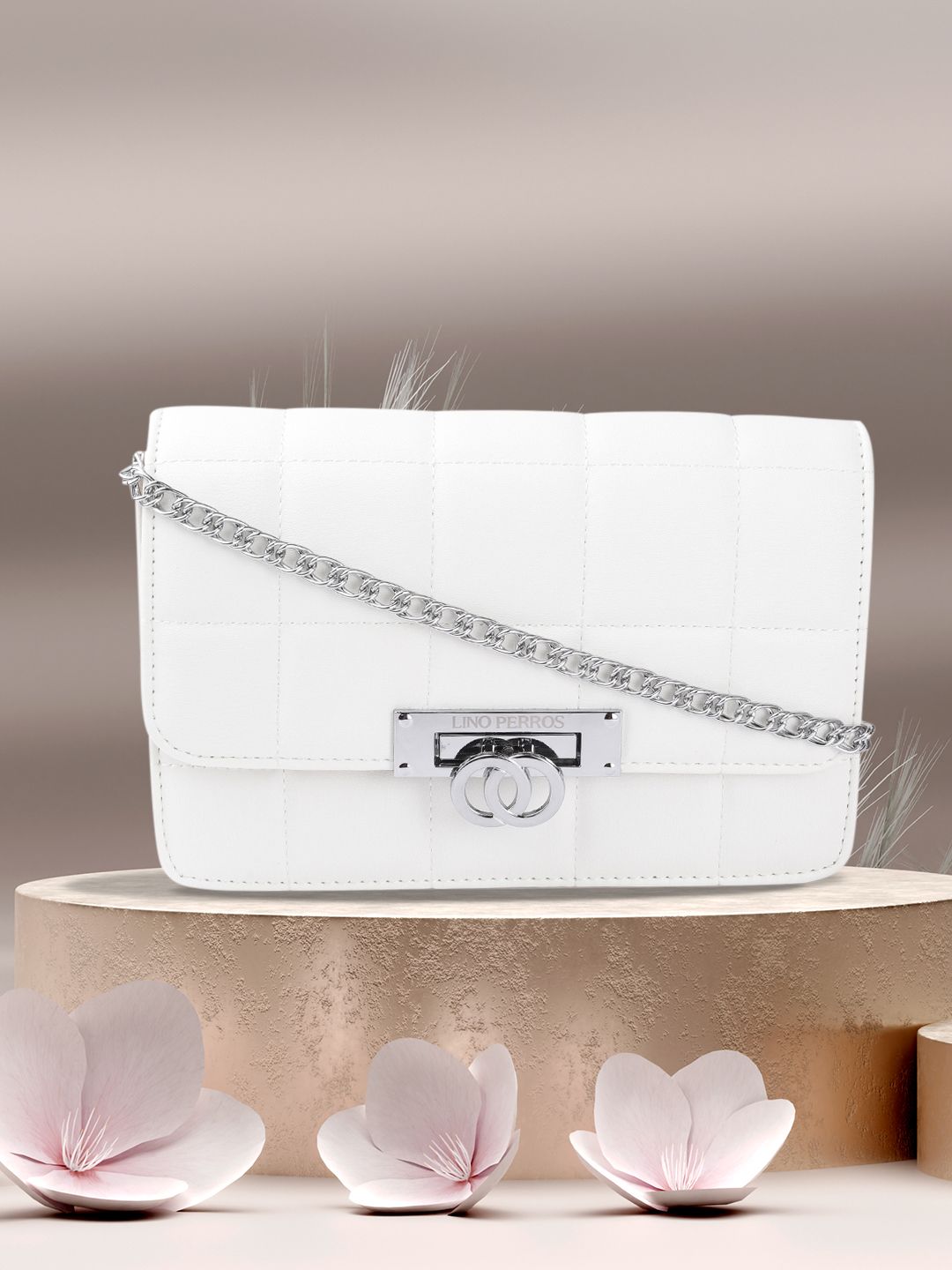 Lino Perros Women Off White Solid Quilted Structured Sling Bag