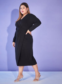 SASSAFRAS Curve Plus Size Black V-Neck Sheath Midi Dress