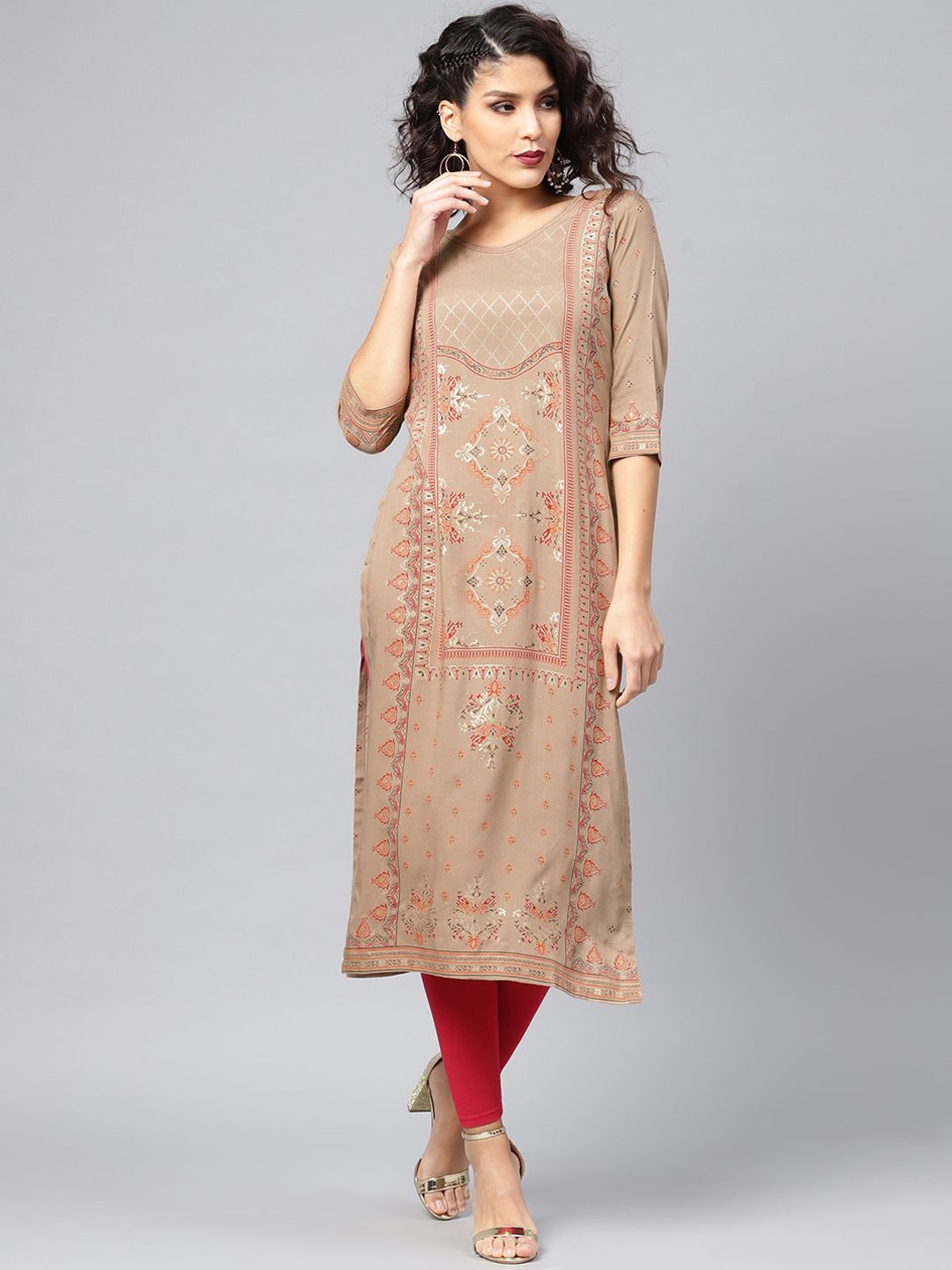 Libas Women Beige Ethnic Motifs Printed Kurta