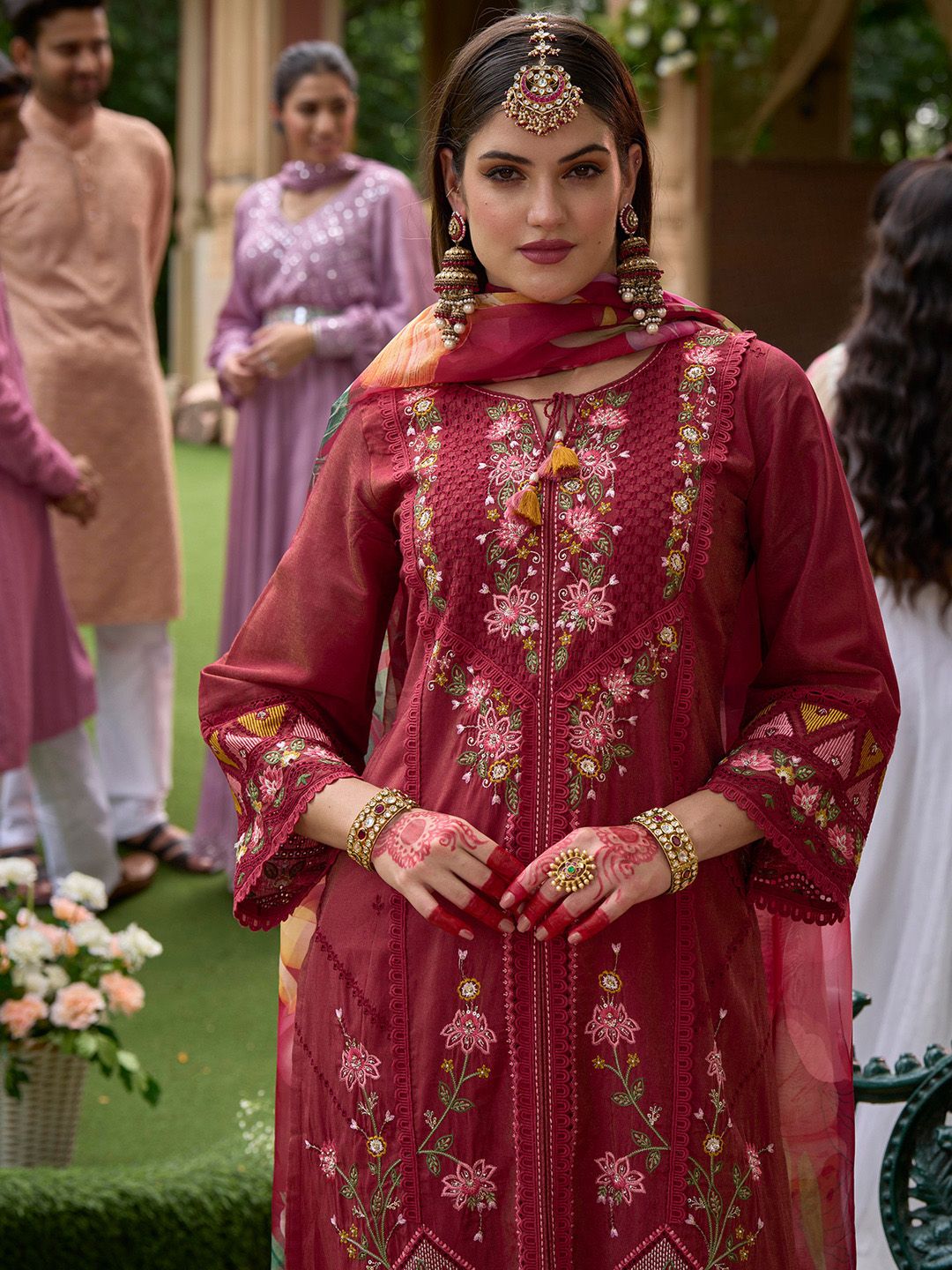Indo Era Women Floral Embroidered Regular Thread Work Kurta with Trousers & With Dupatta