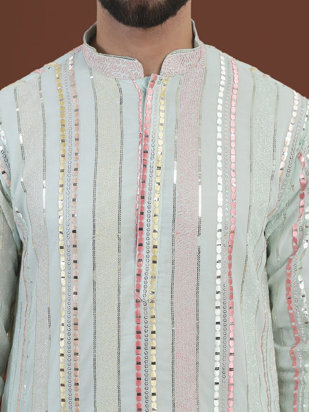 SOJANYA LUXE Striped Embroidered Mandarin Collar Straight Georgette Kurta & Pyjama