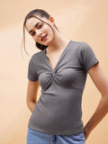 SASSAFRAS BASICS Ribbed V-Neck Fitted Cotton Top
