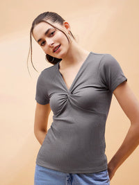 SASSAFRAS BASICS Ribbed V-Neck Fitted Cotton Top