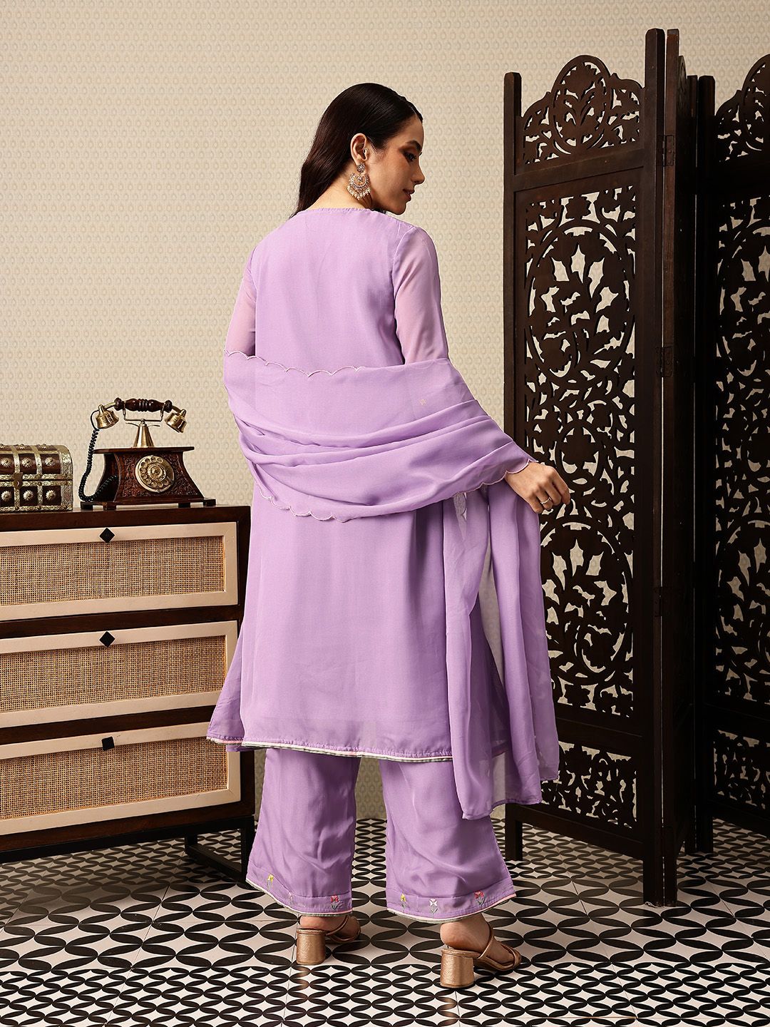 House of Pataudi Floral Yoke Design Thread Work Jashn A-Line Kurta with Palazzos & Dupatta