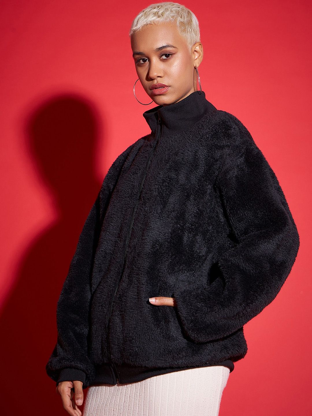SASSAFRAS Black Mock Collar Faux Fur Trim Detail Bomber Jacket