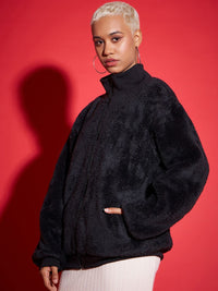 SASSAFRAS Black Mock Collar Faux Fur Trim Detail Bomber Jacket