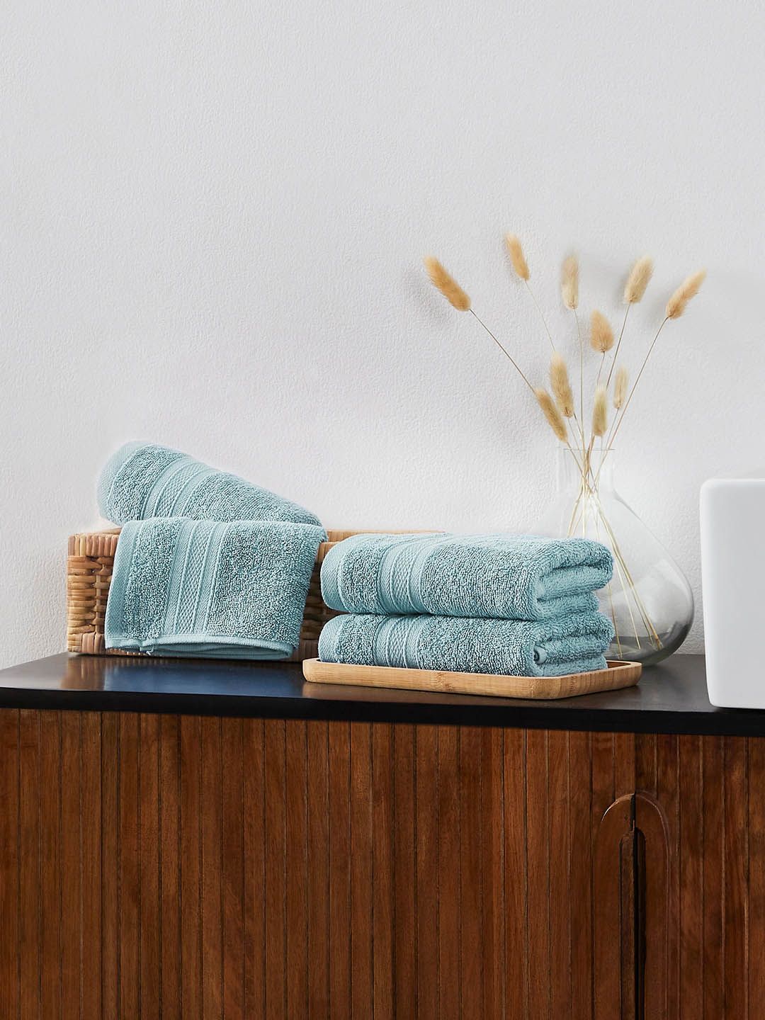MYTRIDENT Turquoise Blue 500 GSM Set of 4 Cotton Hand Towels