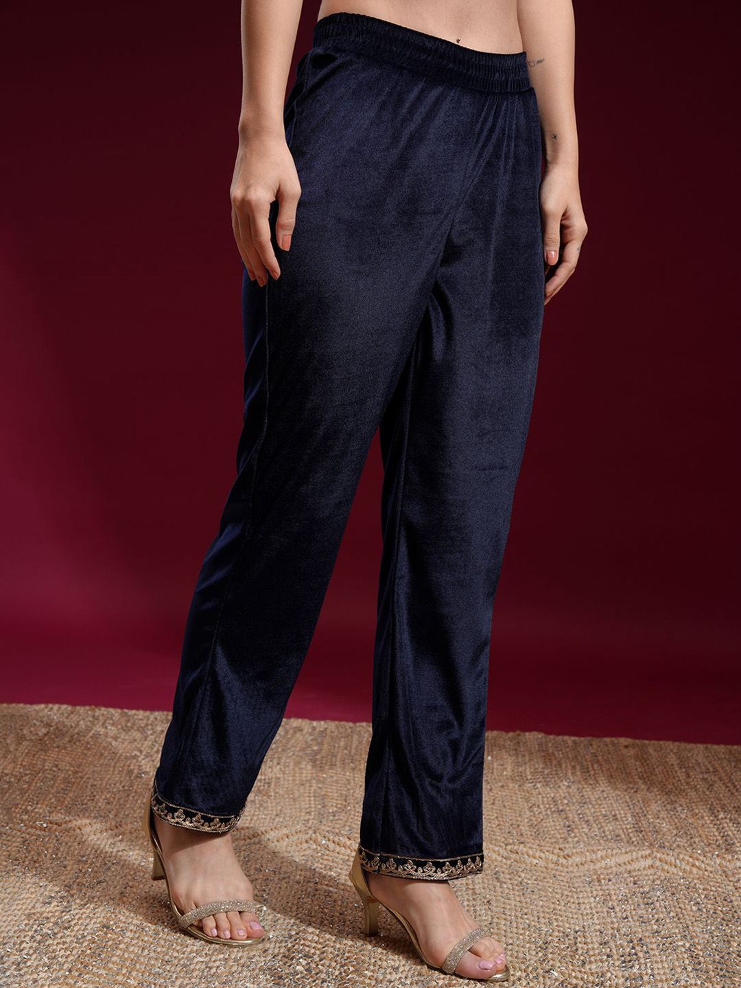 Vishudh Women Embroidered Velvet Straight Kurta with Slim Pants and Dupatta