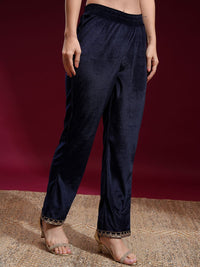 Vishudh Women Embroidered Velvet Straight Kurta with Slim Pants and Dupatta
