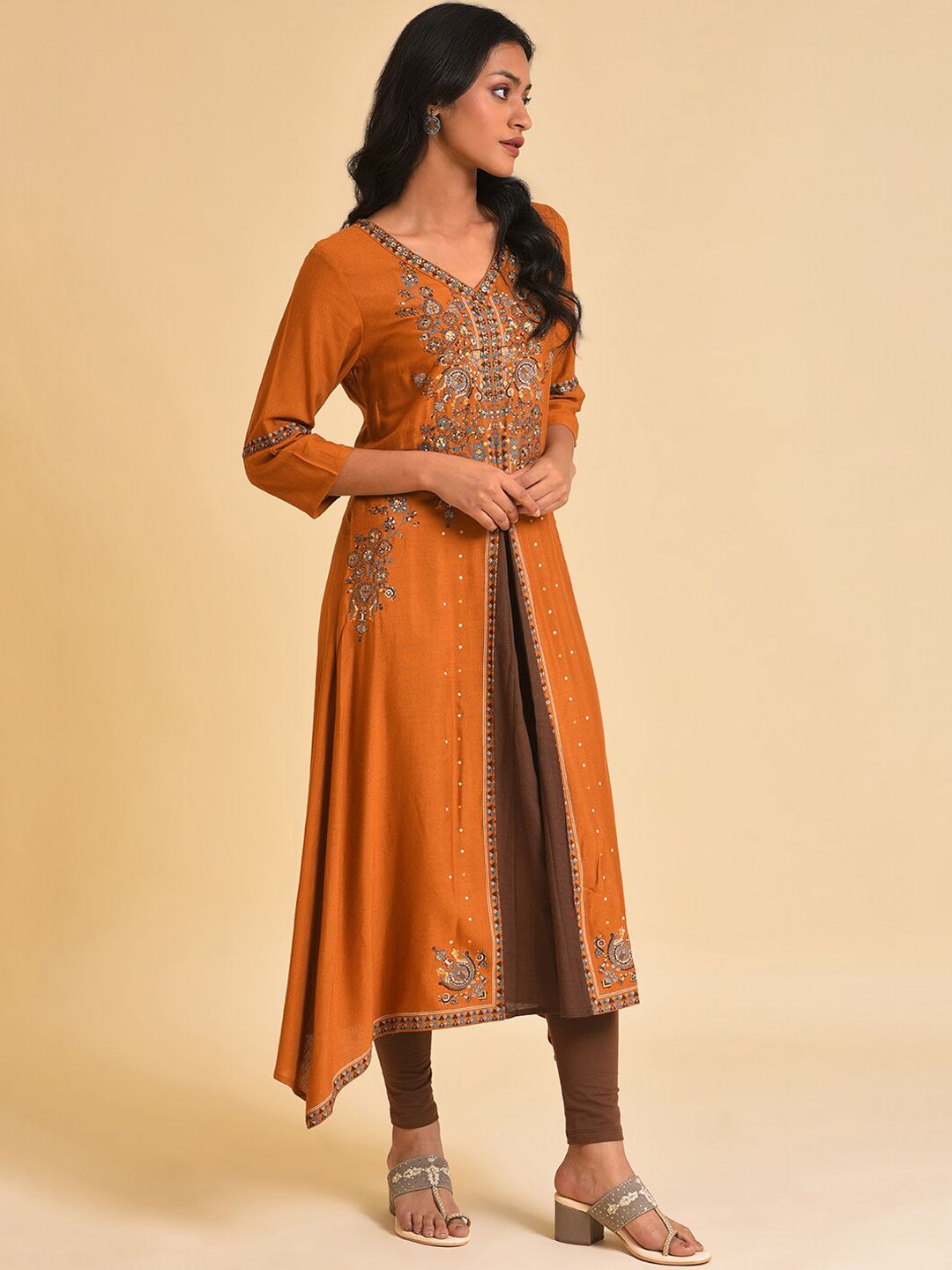 W Rust & Brown Ethnic Motifs Printed Sequined Layered A-Line Kurta
