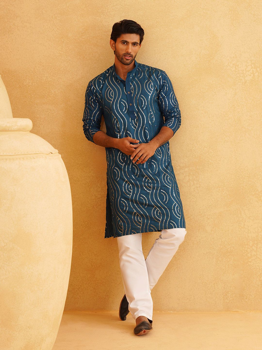 SOJANYA Geometric Embroidered Sequined Pure Cotton Kurta with Churidar