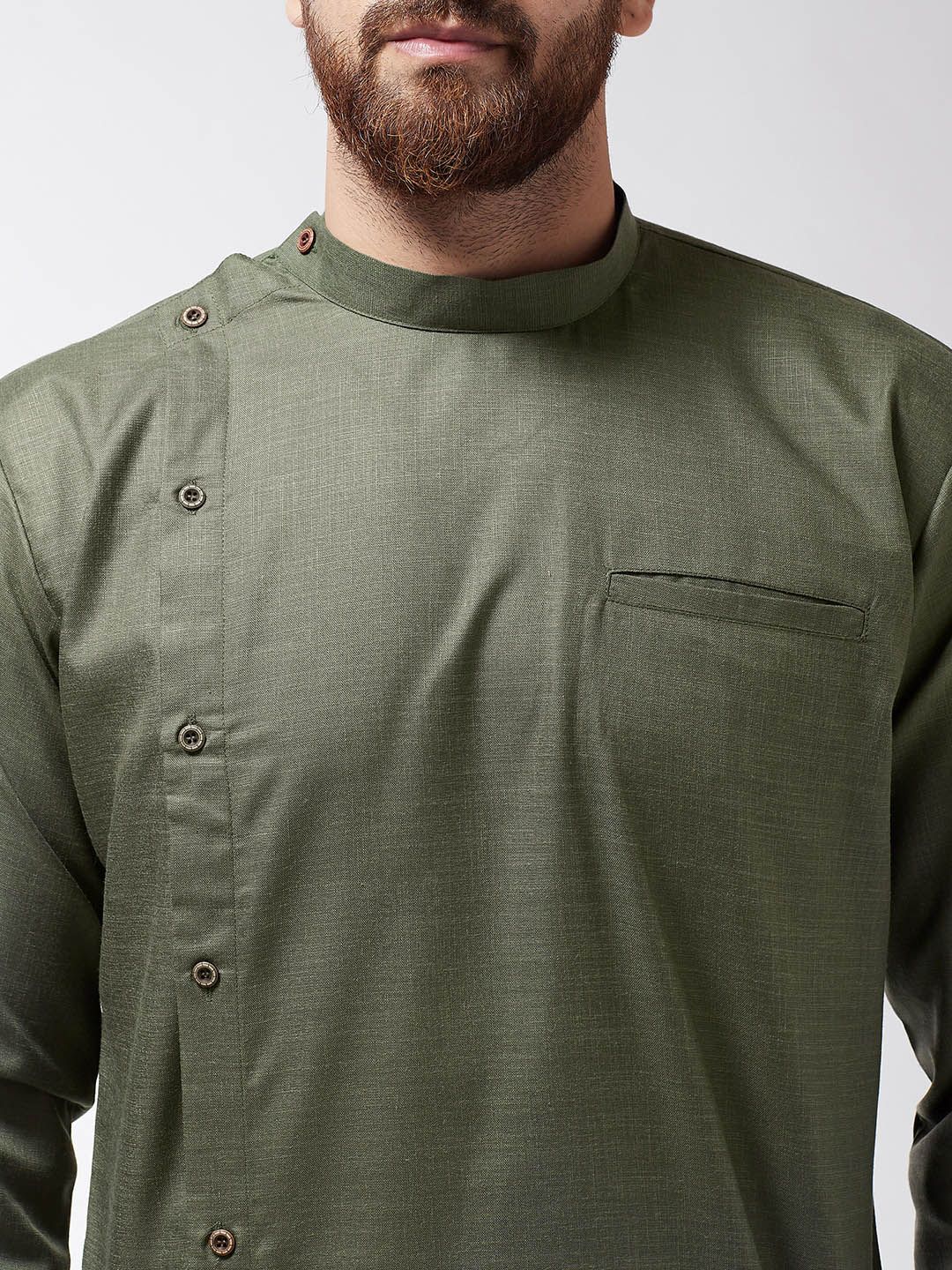 SOJANYA Kurta Asymmetric Pepejal Hijau Zaitun Lelaki