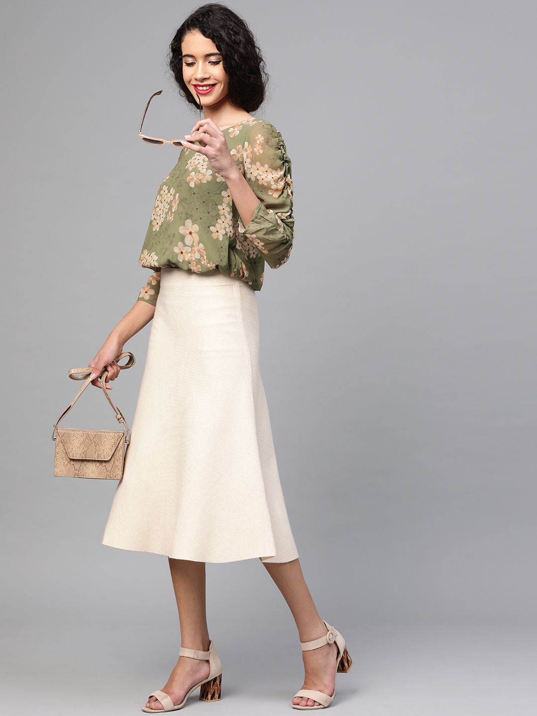 SASSAFRAS Olive Green & Beige Floral Georgette Blouson Top