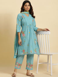 W Floral Printed V-Neck Pure Cotton A-Line Kurta & Trousers With Dupatta
