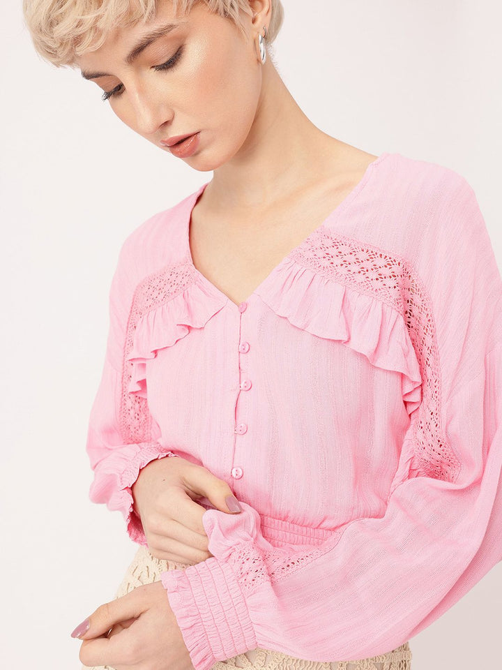 DressBerry Romantic Ruffled Smocked Blouson Top