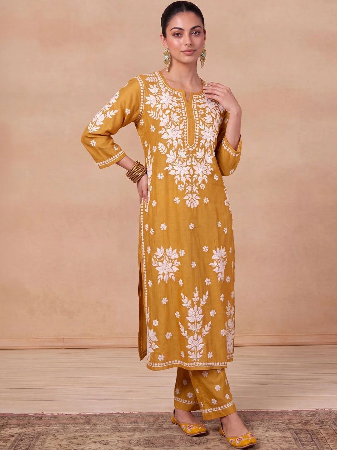 House of Chikankari Women Ethnic Motifs Embroidered Regular Thread Work Chanderi Silk Kurta with Trousers