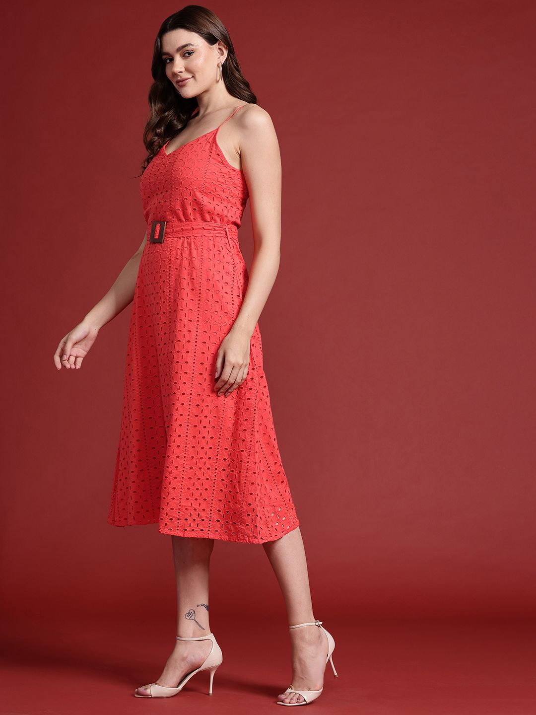 all about you Schiffli Cotton A-Line Midi Dress with Belt
