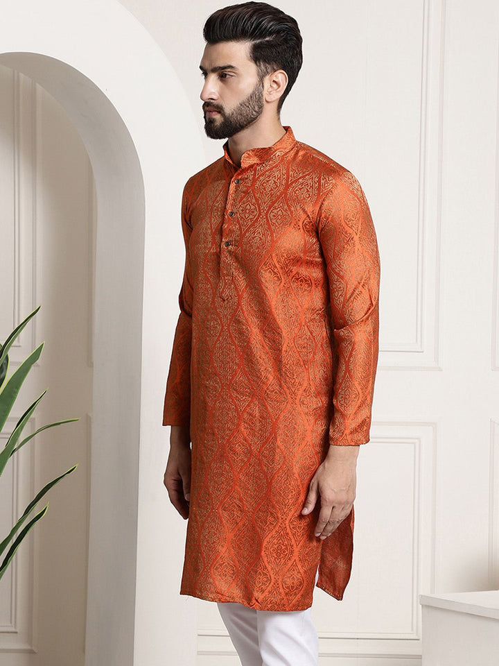 Sojanya Men Orange & Golden Ethnic Motifs Jacquard Kurta