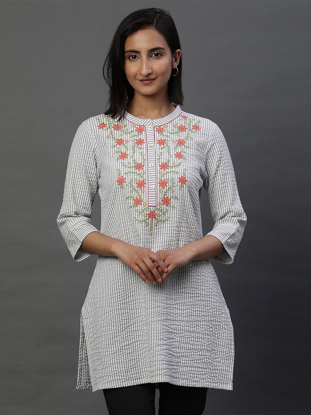 AURELIA Striped Mandarin Collar Thread Work Pure Cotton Kurti